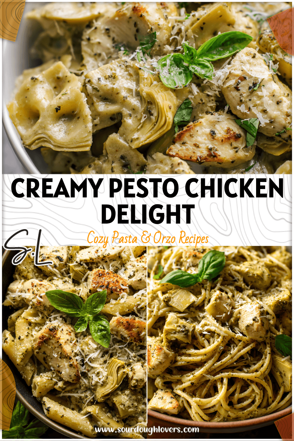 Bowl of creamy chicken pesto pasta with artichokes garnished with basil and parmesan cheese. 2026